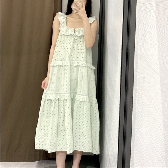 Zara Dresses & Skirts - Zara mint green open work/eyelet embroidery midi dress